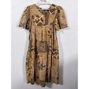 Phases House Dress Womens S Brown Vintage Cotton Safari Animal Print Pockets